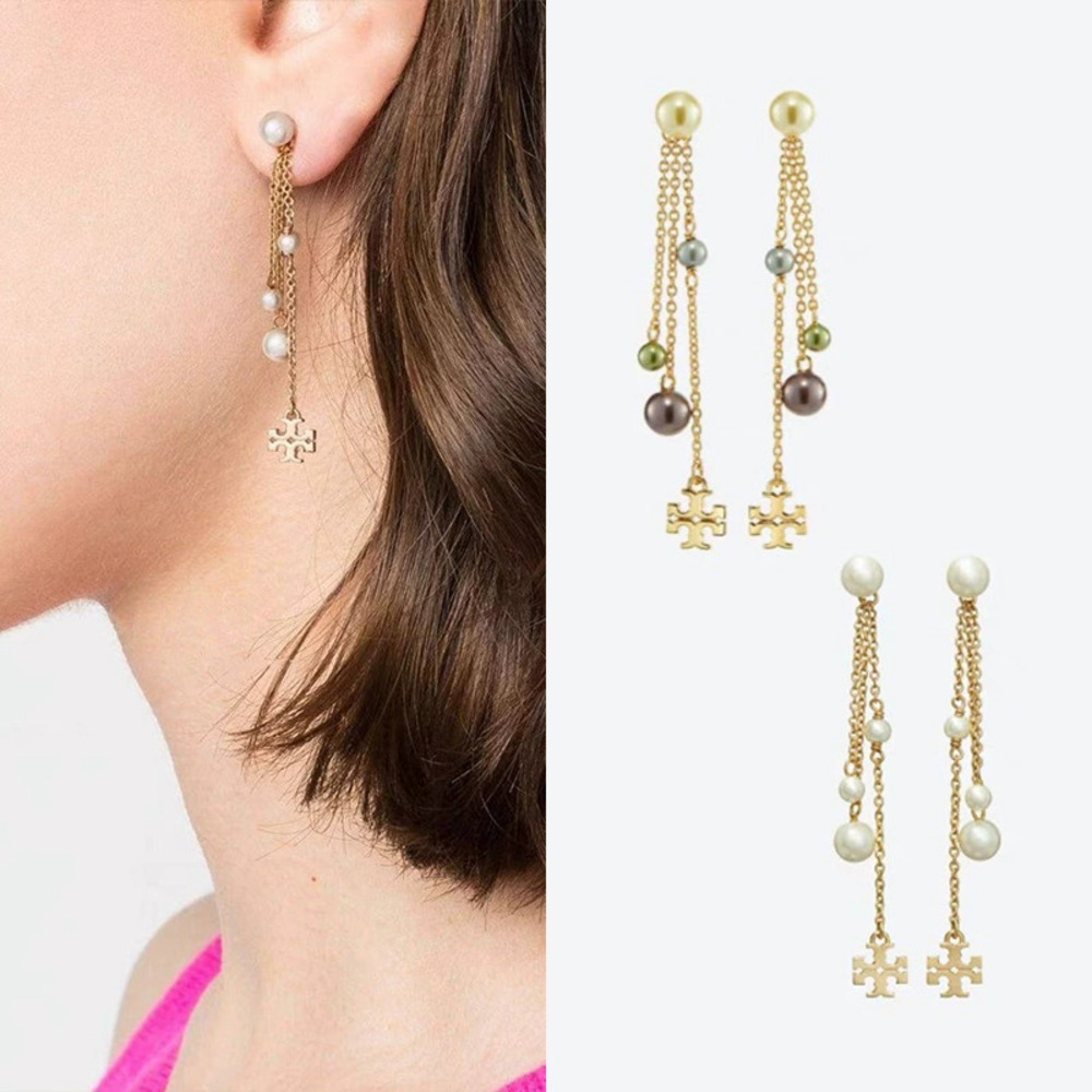 Tory Burch Gold Plated Faux Pearl Linear Double Tassel Drop Earrings